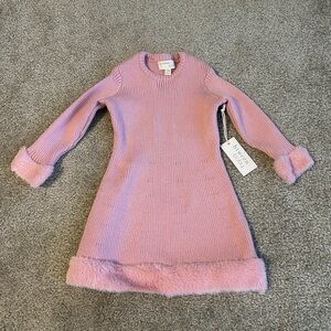 Pink Sweater Dress with Fur Faux Trim